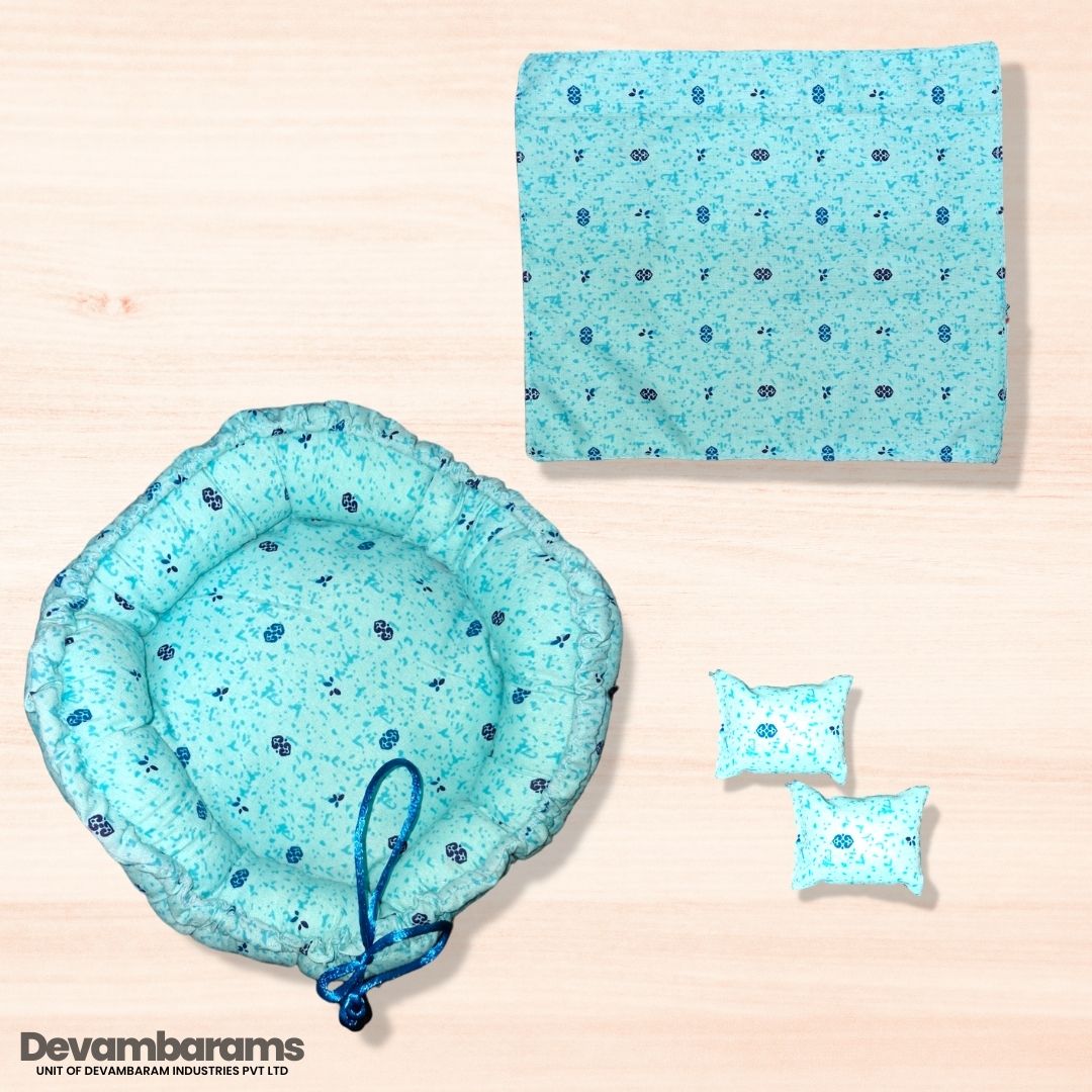 Devambarams Laddu Gopal Cotton Bed for Summer (Round) Small Sky Blue