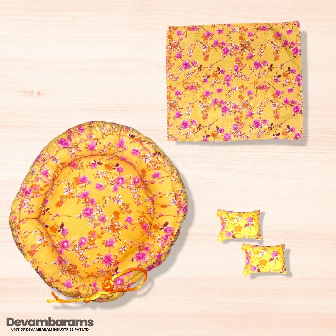 Devambarams Laddu Gopal Cotton Bed for Summer (Round) Small Yellow