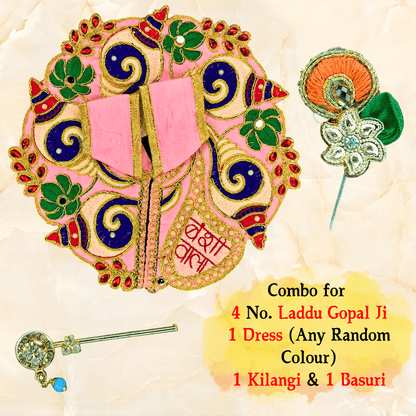 Devambarams Laddu Gopal Dress w. Kilangi & Basuri | Embroidered Poshak for Size 4 | (Random Colors)